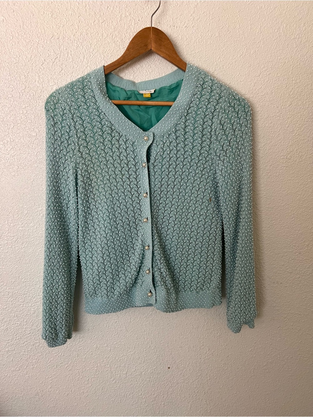 Leifsdottir Mint Aqua Knit Cardigan with Pearl Button and beading . 💯Silk/Cotton